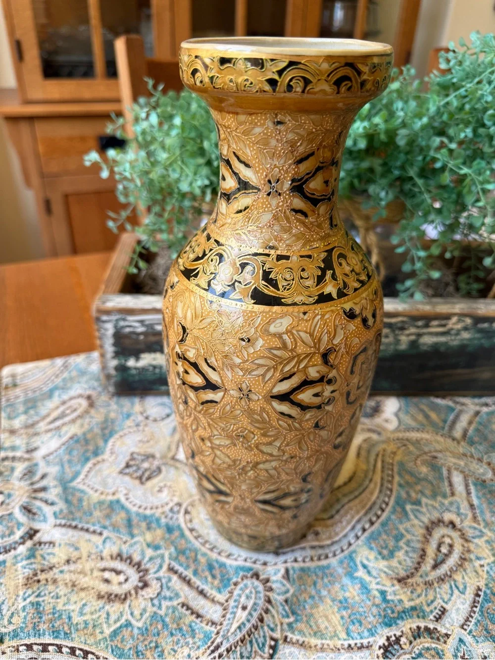 Japanese Satsuma Style Moriage Vase Vintage Gold Black Floral Relief Pottery 12” - Picture 2 of 10